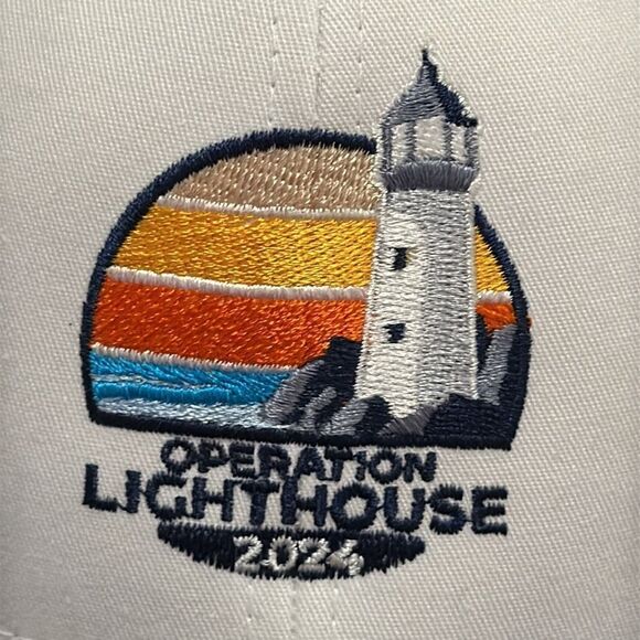 NWT Yupoong navy blue & white snapback trucker hat with Lighthouse embroidery - Picture 5 of 6